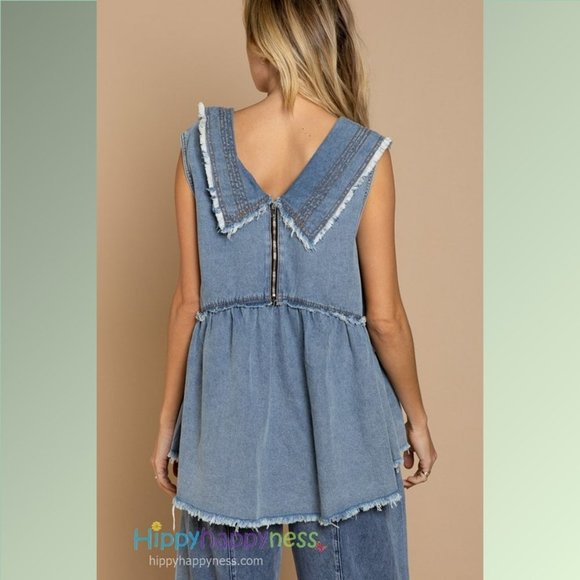 POL Top Denim Babydoll Sleeveless Tank Plus Size Raw Edge Distressed 1X,2X,3X - Picture 5 of 5